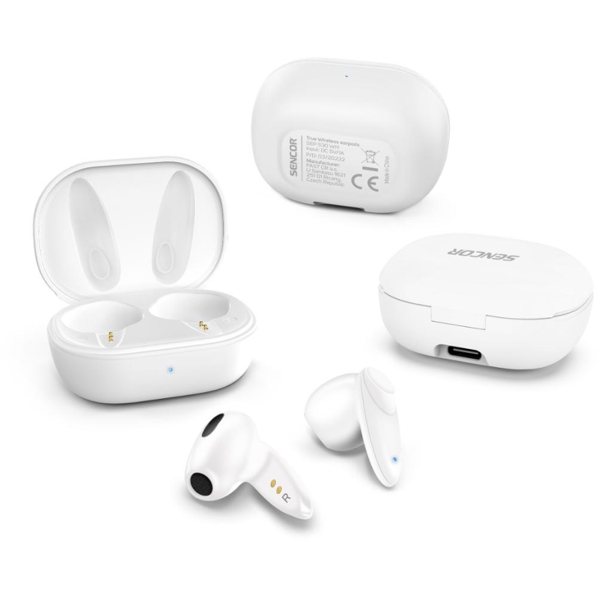 Sencor - Bezvadu earphones 230 mAh + 2x 25 mAh IPX4 balta