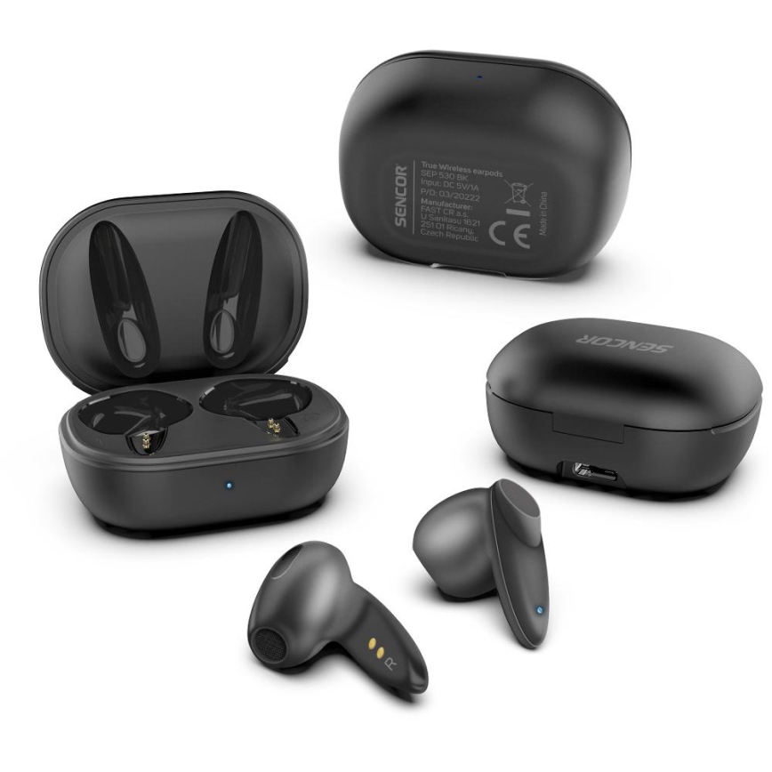 Sencor - Bezvadu earphones 230 mAh + 2x 25 mAh IPX4 melna