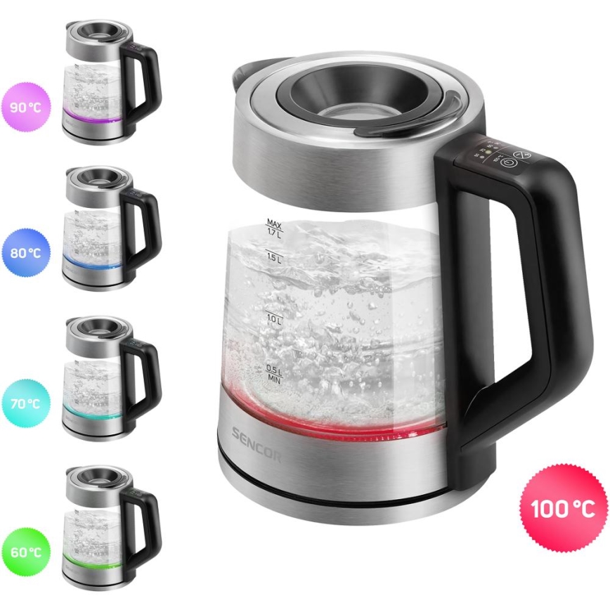 Sencor - Elektriskā tējkanna ar temperatūras kontroli 1,7 l 2200W/230V matēts hroms/melns