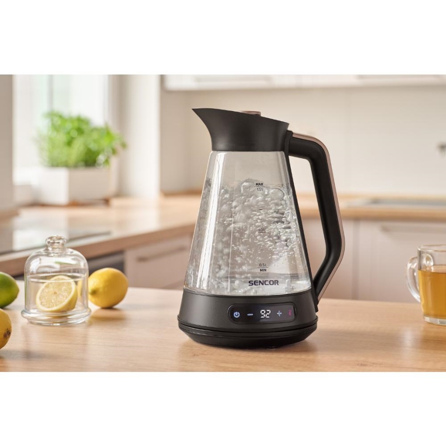 Sencor - Elektriskā tējkanna ar termoregulāciju 1,5 l 2150 W/230 V melna/rožu zelta
