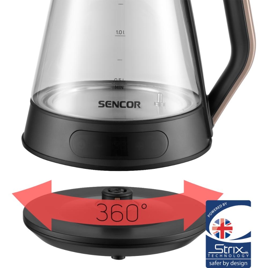 Sencor - Elektriskā tējkanna ar termoregulāciju 1,5 l 2150 W/230 V melna/rožu zelta