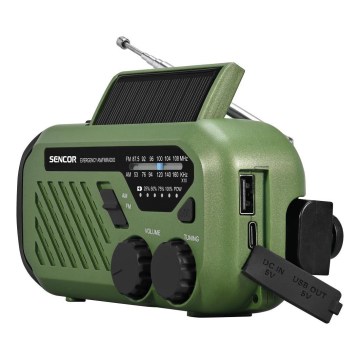 Sencor - kempinga radio ar kloķi, saules paneli un LED lukturīti, 5V/2000 mAh, IPX4, zaļš