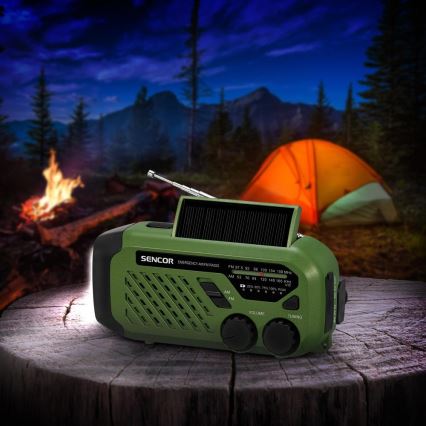 Sencor - Kempinga radio ar saules enerģijas paneli un LED Lukturis 5V/2000 mAh IPX4 zaļa