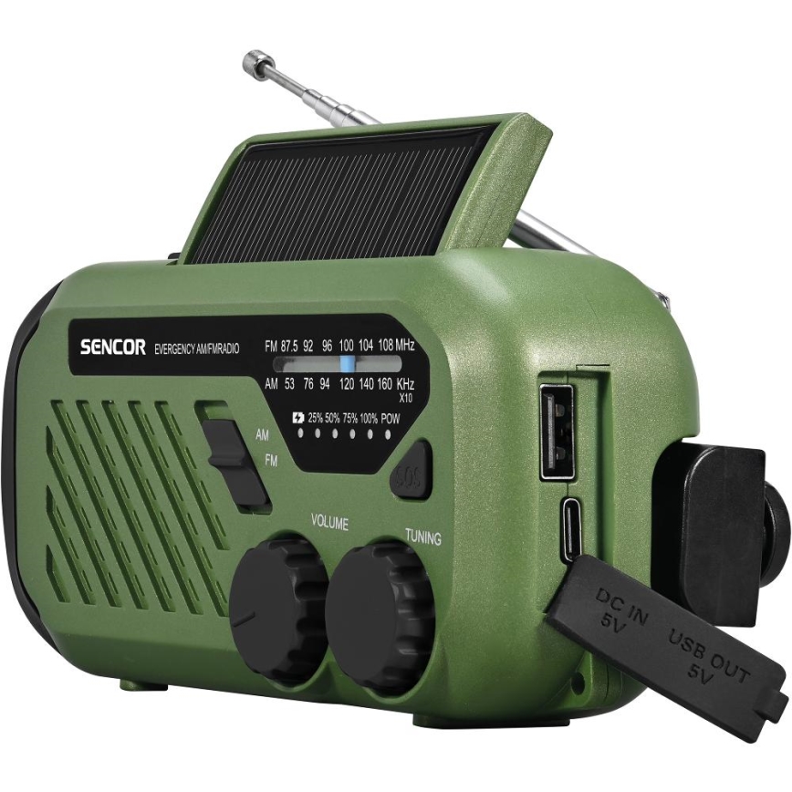 Sencor - Kempinga radio ar saules enerģijas paneli un LED Lukturis 5V/2000 mAh IPX4 zaļa