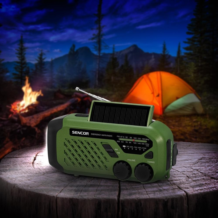 Sencor - kempinga radio ar kloķi, saules paneli un LED lukturīti, 5V/2000 mAh, IPX4, zaļš