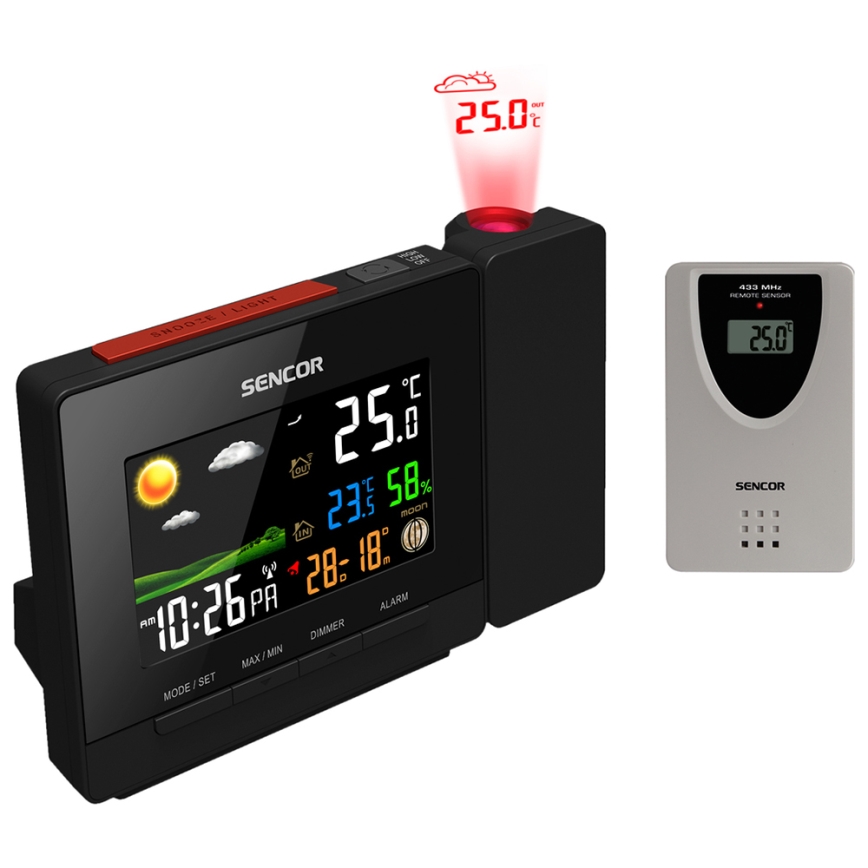 Sencor - Meteostacija ar krāsa LCD display, modinātāja pulkstenis un projektors 2xAA + 2xAAA