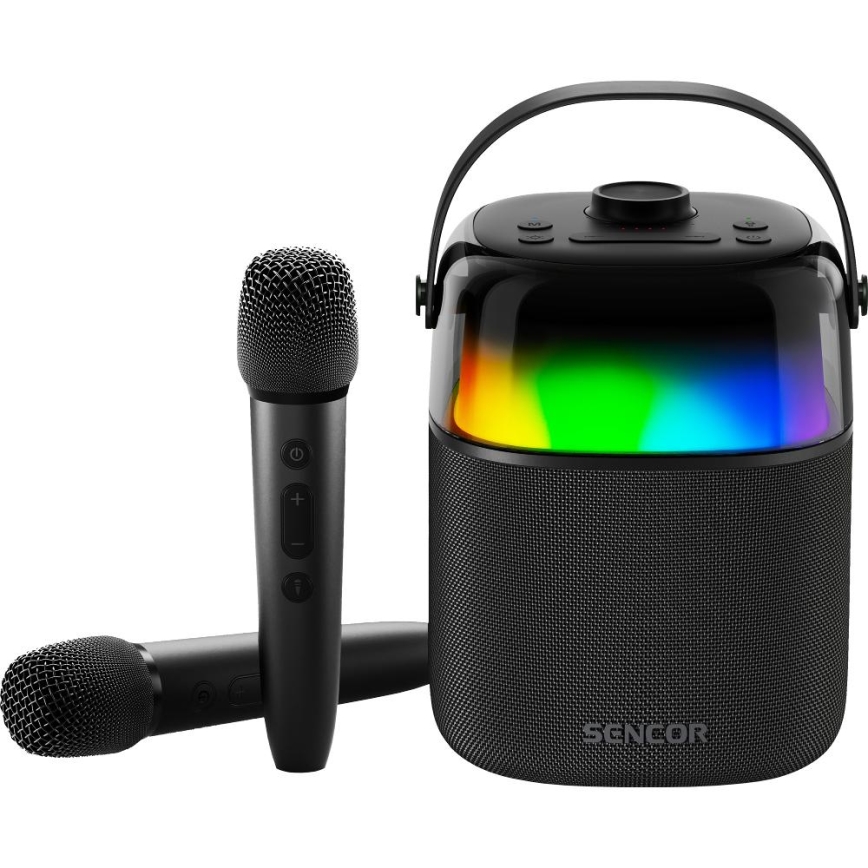 Sencor - LED RGB Skaļrunis ar bezvadu mikrofoniem 35W 8000 mAh + 2x 1800 mAh IPX5 melna