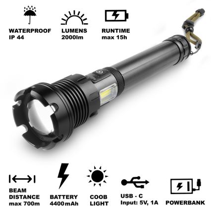 Sencor - LED Uzlādējams alumīnija lukturītis ar ārējā akumulatora funkciju LED/10W/4400 mAh 2000 lm IP44