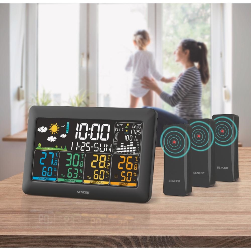 Sencor - Meteostacija ar krāsainu LCD displeju + 3 sensori 3xAA + 6xAA melna