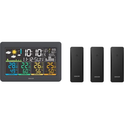Sencor - Meteostacija ar krāsainu LCD displeju + 3 sensori 3xAA + 6xAA melna