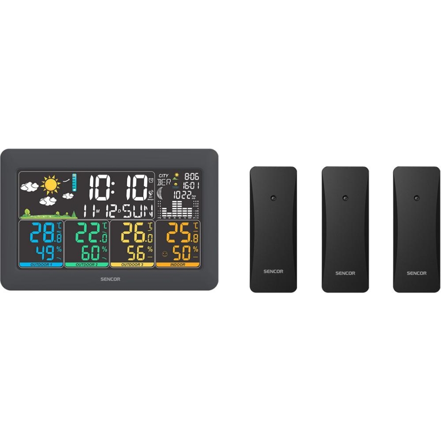Sencor - Meteostacija ar krāsainu LCD displeju + 3 sensori 3xAA + 6xAA melna