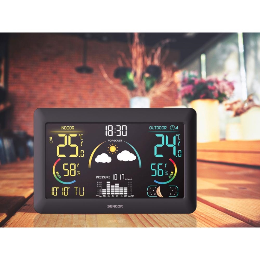 Sencor - Meteostacija ar krāsainu LCD displeju un modinātāja pulkstenis 3xAA