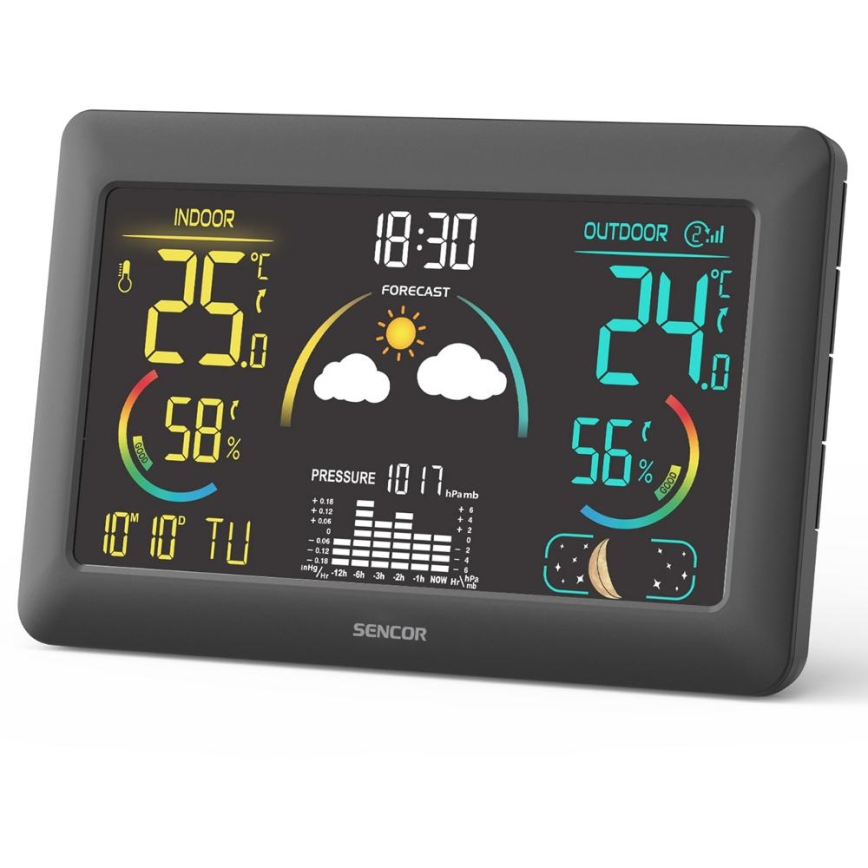 Sencor - Meteostacija ar krāsainu LCD displeju un modinātāja pulkstenis 3xAA