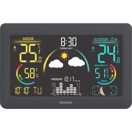 Sencor - Meteostacija ar krāsainu LCD displeju un modinātāja pulkstenis 3xAA