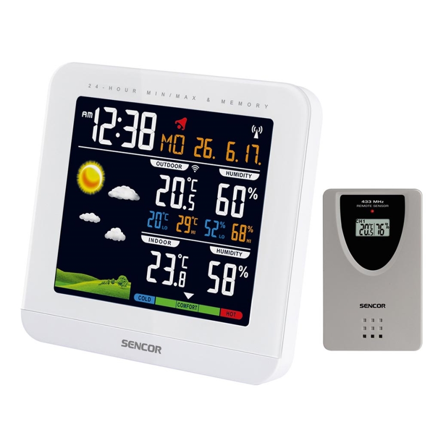 Sencor - Meteostacija ar krāsainu LCD displeju un modinātāja pulkstenis 3xAAA + 2xAAA balta