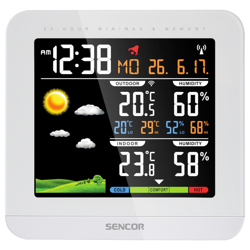 Sencor - Meteostacija ar krāsainu LCD displeju un modinātāja pulkstenis 3xAAA + 2xAAA balta