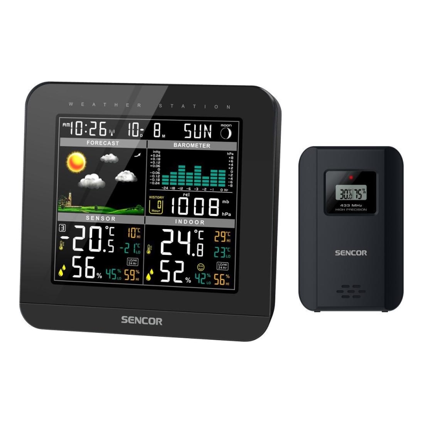 Sencor - Meteostacija ar krāsainu LCD displeju un modinātāja pulkstenis 3xAAA melna