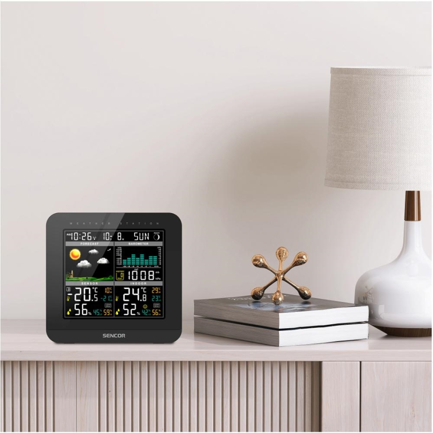 Sencor - Meteostacija ar krāsainu LCD displeju un modinātāja pulkstenis 3xAAA melna