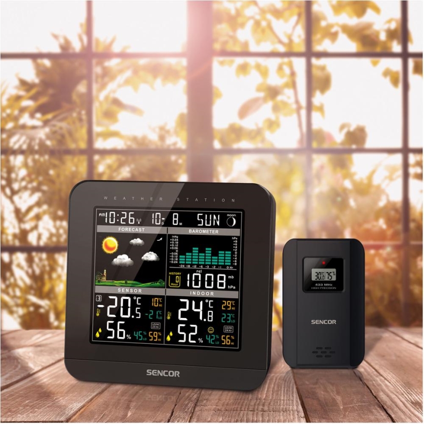 Sencor - Meteostacija ar krāsainu LCD displeju un modinātāja pulkstenis 3xAAA melna