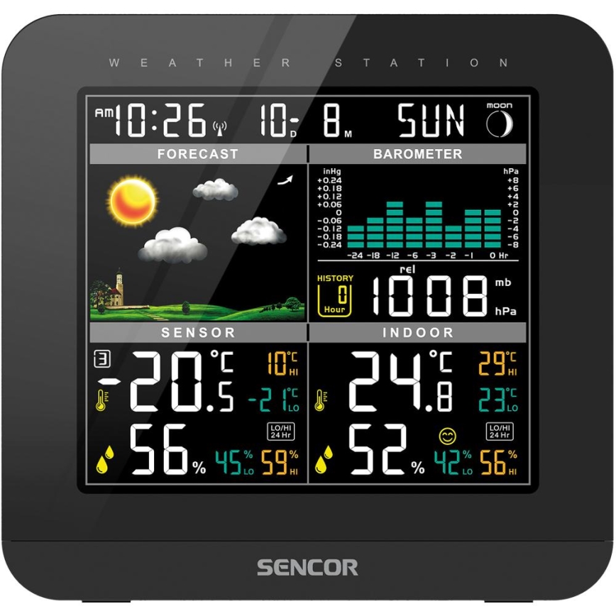 Sencor - Meteostacija ar krāsainu LCD displeju un modinātāja pulkstenis 3xAAA melna
