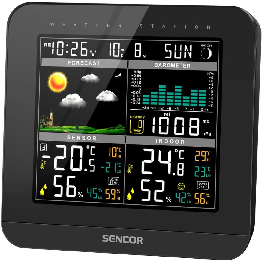 Sencor - Meteostacija ar krāsainu LCD displeju un modinātāja pulkstenis 3xAAA melna