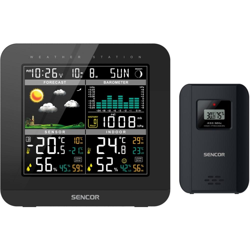 Sencor - Meteostacija ar krāsainu LCD displeju un modinātāja pulkstenis 3xAAA melna