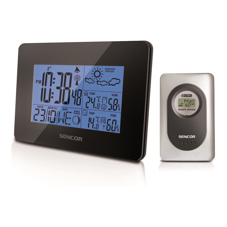 Sencor - Meteostacija ar LCD ekrānu un modinātāja pulkstenis 3xAA + 2xAAA melna
