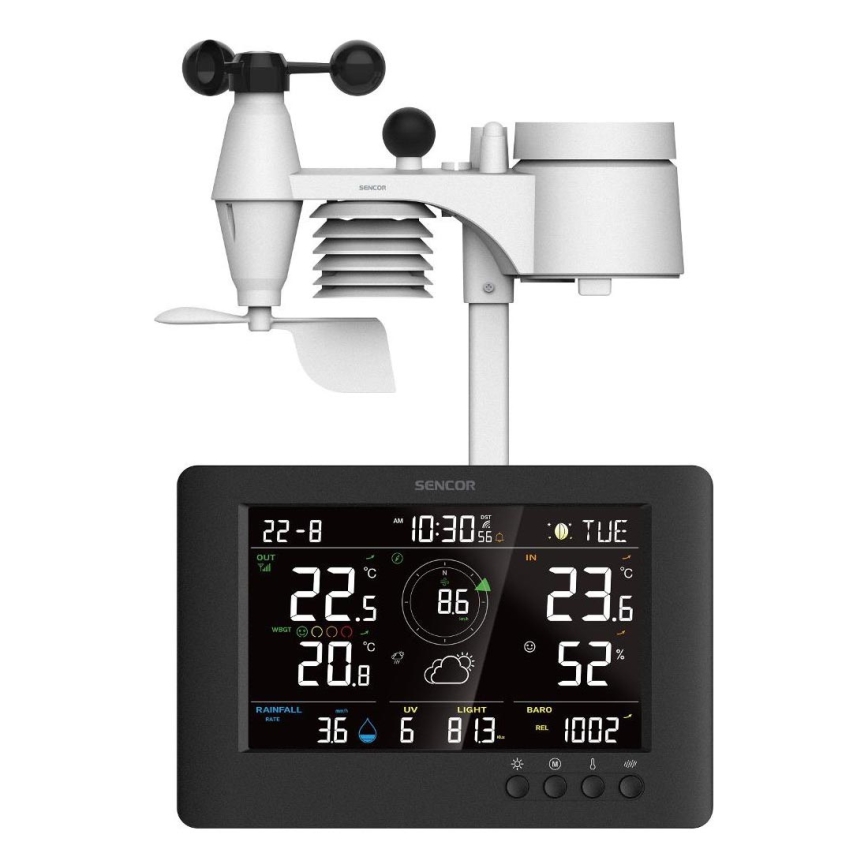 Sencor - Profesionāla meteoroloģiskā stacija ar krāsainu LCD ekrānu un modinātāja pulkstenis 5V/1xCR2032 + 3xAA