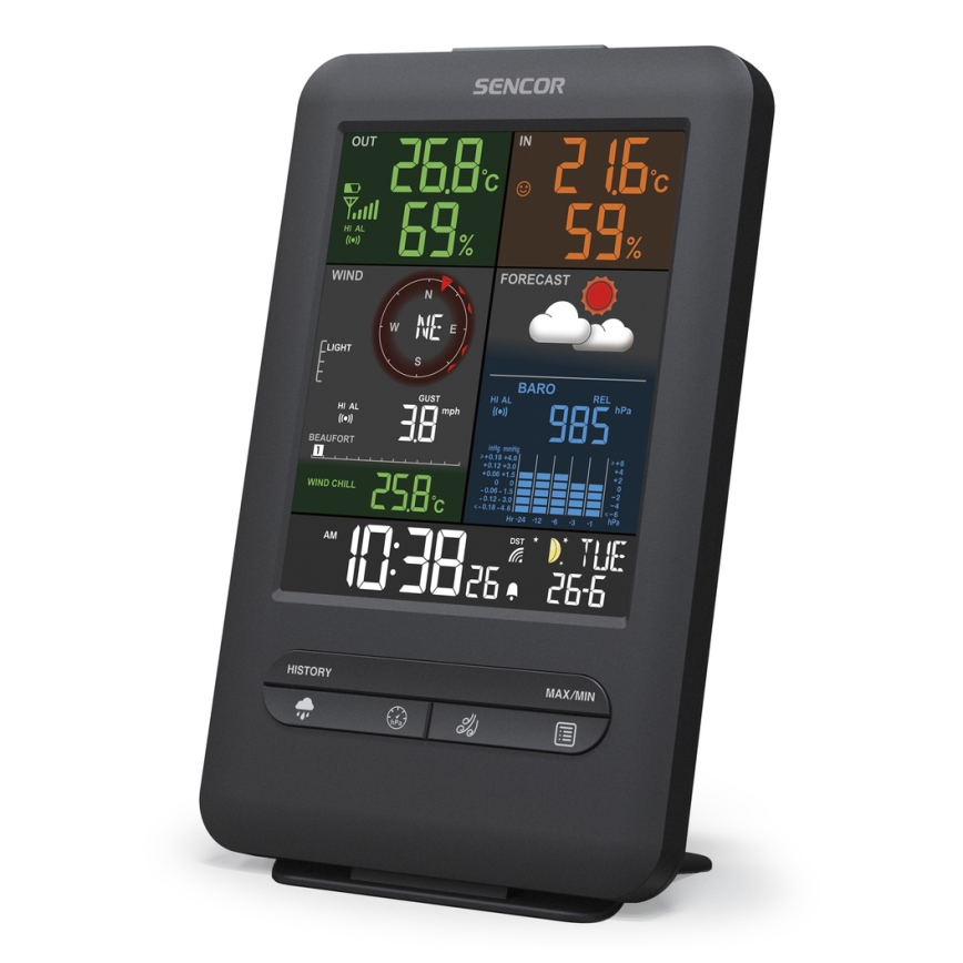 Sencor - Profesionāla meteoroloģiskā stacija ar LCD ekrānu un modinātāja pulkstenis 1xCR2032 + 3xAA