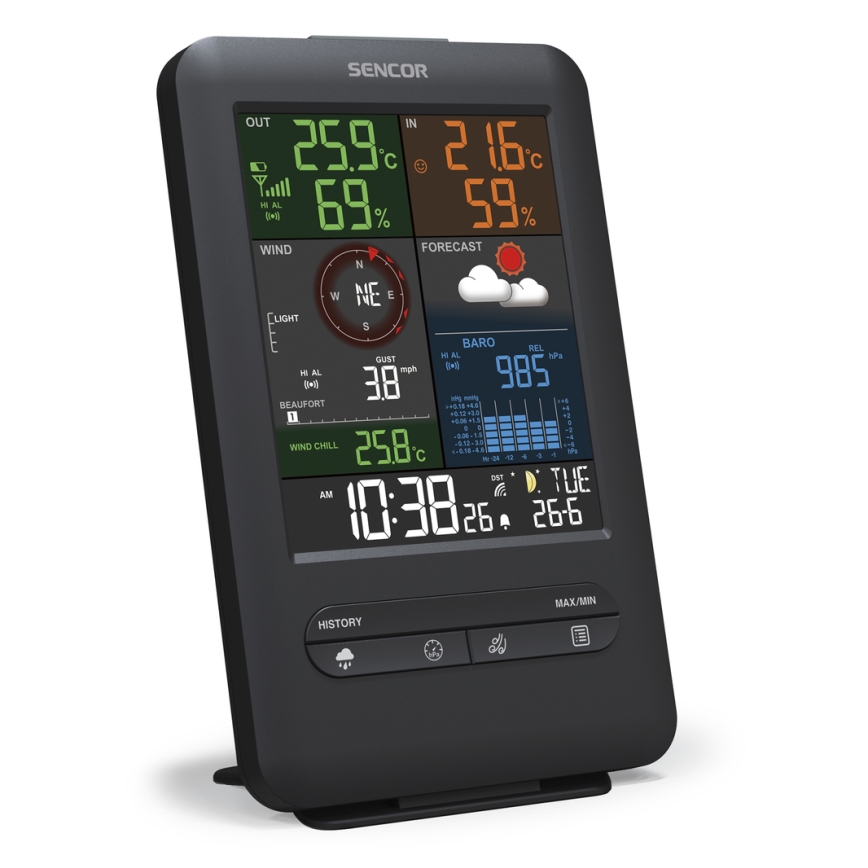 Sencor - Profesionāla meteoroloģiskā stacija ar LCD ekrānu un modinātāja pulkstenis 1xCR2032 + 3xAA