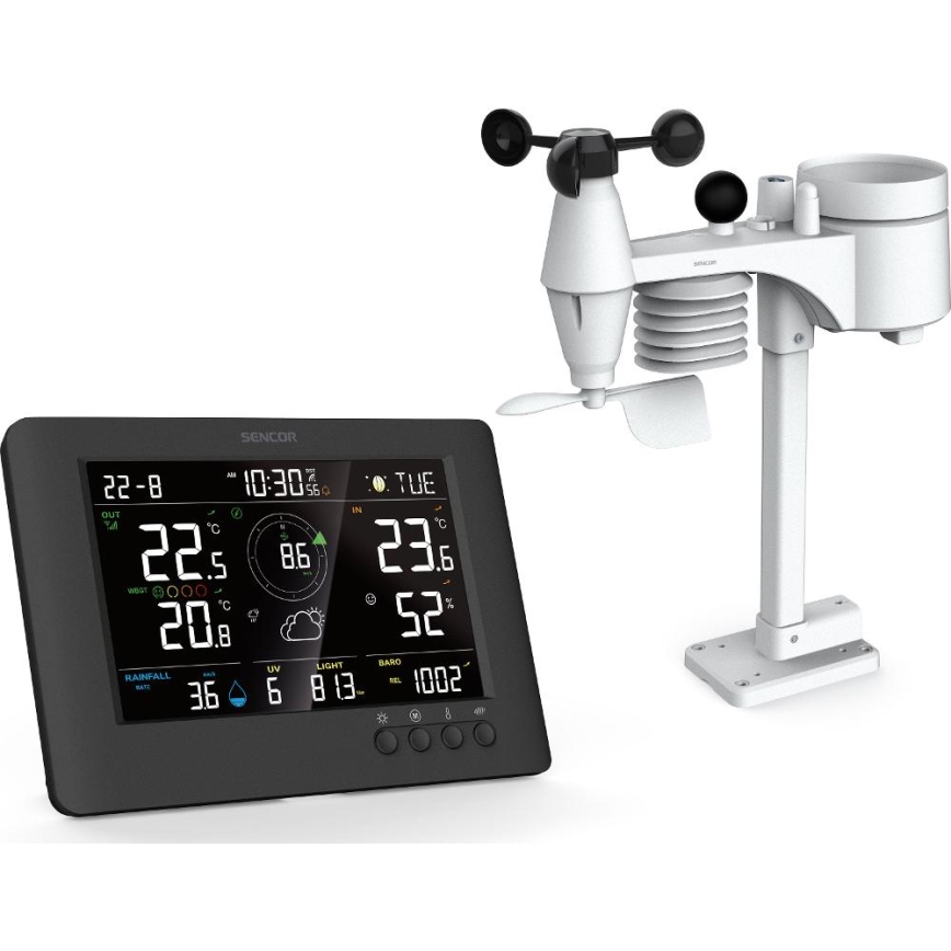 Sencor - Profesionāla meteoroloģiskā stacija ar krāsainu LCD ekrānu un modinātāja pulkstenis 5V/1xCR2032 + 3xAA