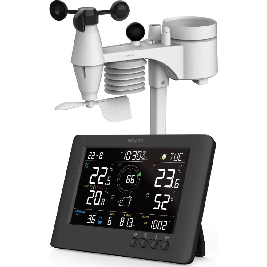 Sencor - Profesionāla meteoroloģiskā stacija ar krāsainu LCD ekrānu un modinātāja pulkstenis 5V/1xCR2032 + 3xAA