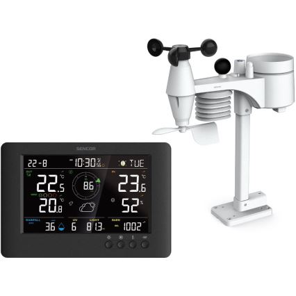 Sencor - Profesionāla meteoroloģiskā stacija ar krāsainu LCD ekrānu un modinātāja pulkstenis 5V/1xCR2032 + 3xAA