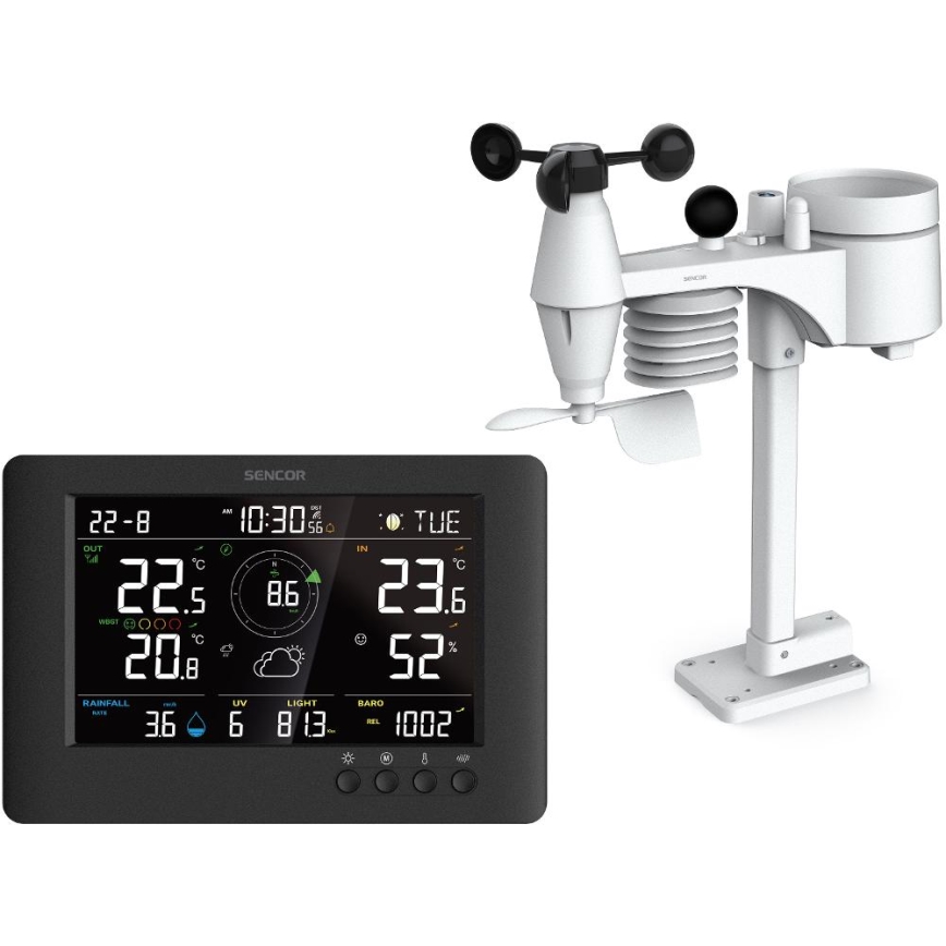 Sencor - Profesionāla meteoroloģiskā stacija ar krāsainu LCD ekrānu un modinātāja pulkstenis 5V/1xCR2032 + 3xAA