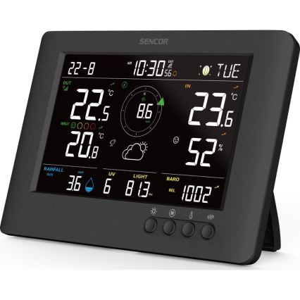 Sencor - Profesionāla meteoroloģiskā stacija ar krāsainu LCD ekrānu un modinātāja pulkstenis 5V/1xCR2032 + 3xAA