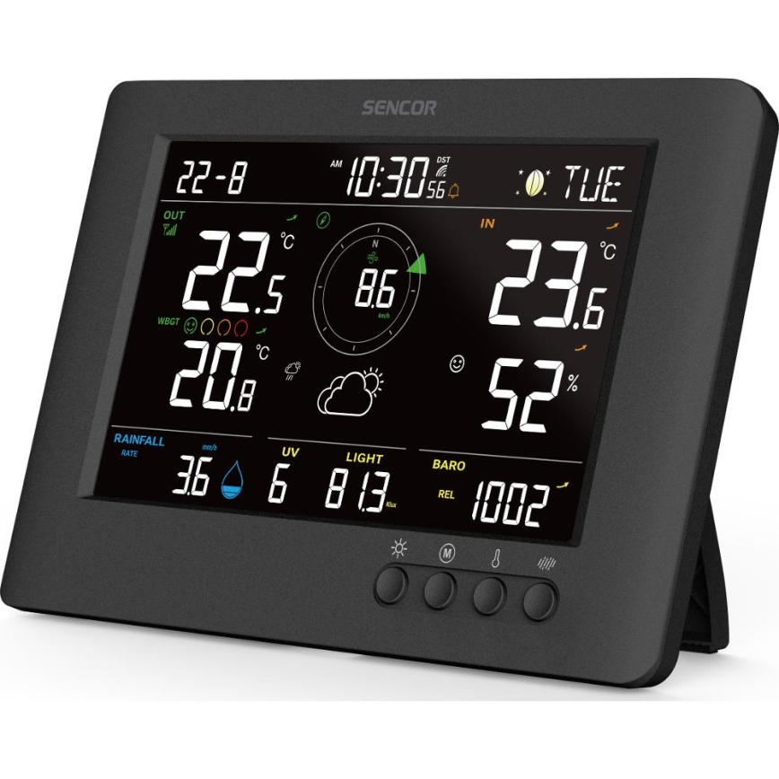 Sencor - Profesionāla meteoroloģiskā stacija ar krāsainu LCD ekrānu un modinātāja pulkstenis 5V/1xCR2032 + 3xAA