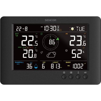 Sencor - Profesionāla meteoroloģiskā stacija ar krāsainu LCD ekrānu un modinātāja pulkstenis 5V/1xCR2032 + 3xAA