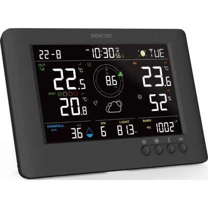 Sencor - Profesionāla meteoroloģiskā stacija ar krāsainu LCD ekrānu un modinātāja pulkstenis 5V/1xCR2032 + 3xAA