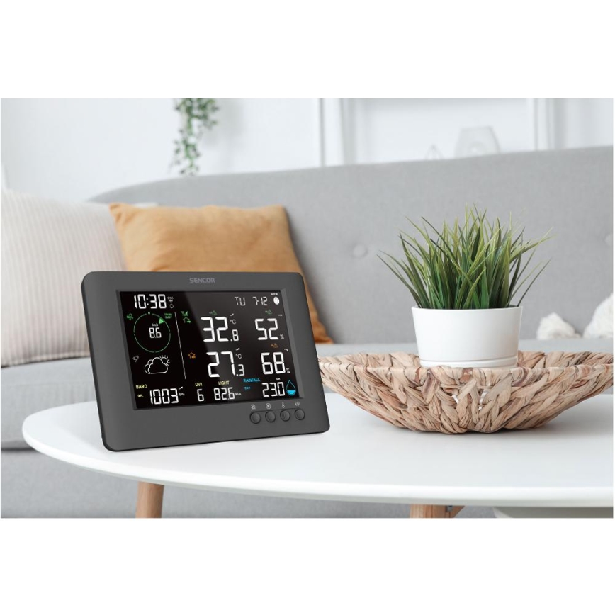 Sencor - Profesionāla meteoroloģiskā stacija ar krāsainu LCD ekrānu un modinātāja pulkstenis 5V/1xCR2032 + 3xAA Wi-Fi