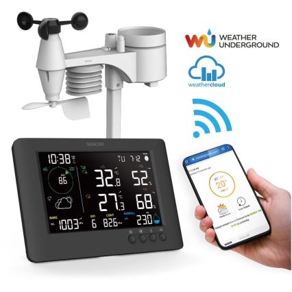 Sencor - Profesionāla meteoroloģiskā stacija ar krāsainu LCD ekrānu un modinātāja pulkstenis 5V/1xCR2032 + 3xAA Wi-Fi
