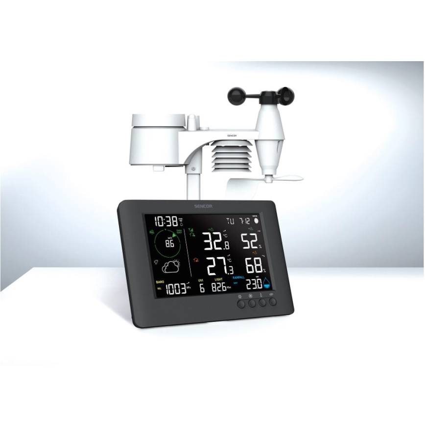 Sencor - Profesionāla meteoroloģiskā stacija ar krāsainu LCD ekrānu un modinātāja pulkstenis 5V/1xCR2032 + 3xAA Wi-Fi