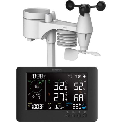 Sencor - Profesionāla meteoroloģiskā stacija ar krāsainu LCD ekrānu un modinātāja pulkstenis 5V/1xCR2032 + 3xAA Wi-Fi