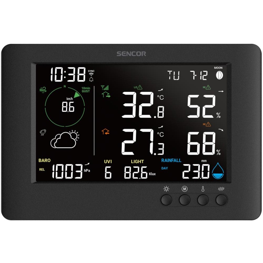 Sencor - Profesionāla meteoroloģiskā stacija ar krāsainu LCD ekrānu un modinātāja pulkstenis 5V/1xCR2032 + 3xAA Wi-Fi