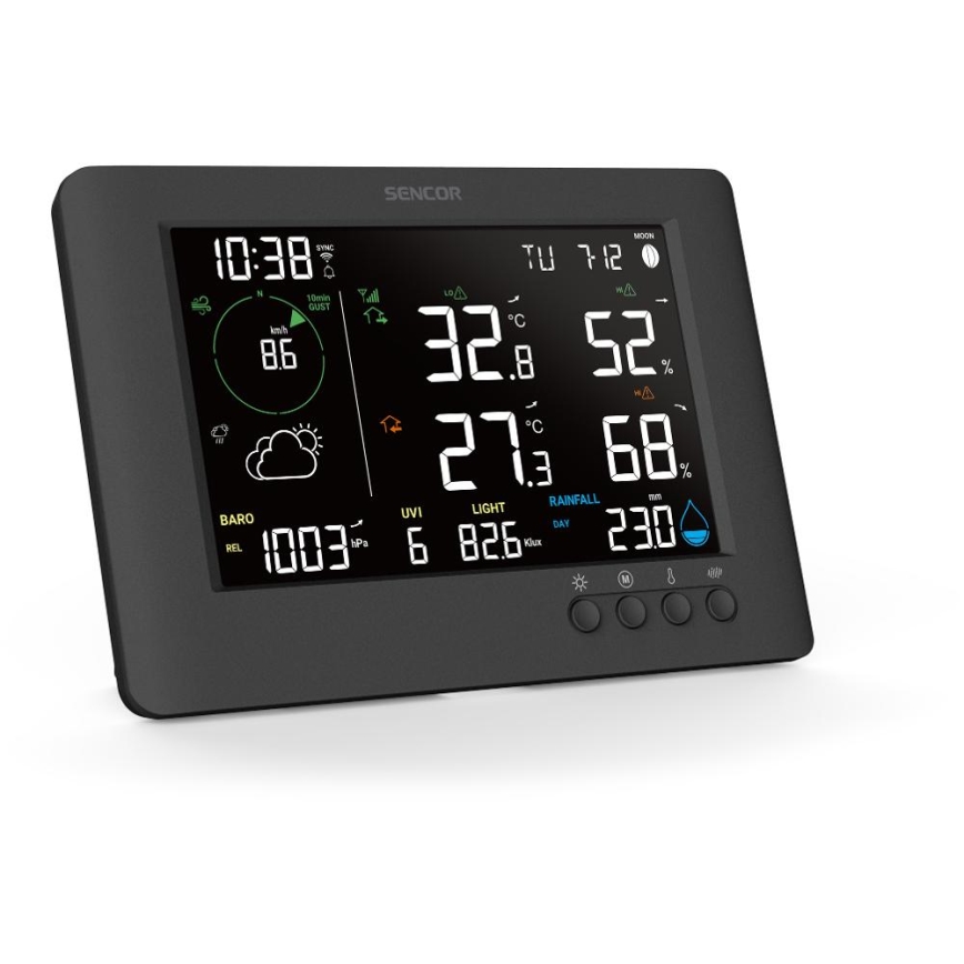 Sencor - Profesionāla meteoroloģiskā stacija ar krāsainu LCD ekrānu un modinātāja pulkstenis 5V/1xCR2032 + 3xAA Wi-Fi
