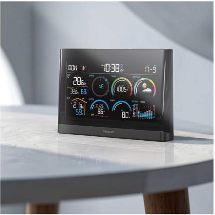 Sencor - Profesionāla meteoroloģiskā stacija ar krāsainu LCD ekrānu un modinātāja pulkstenis 5V/3xAAA + 3xAA
