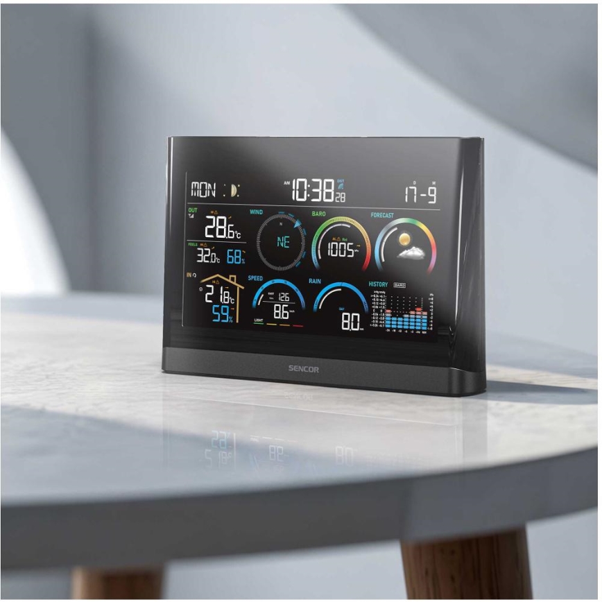 Sencor - Profesionāla meteoroloģiskā stacija ar krāsainu LCD ekrānu un modinātāja pulkstenis 5V/3xAAA + 3xAA