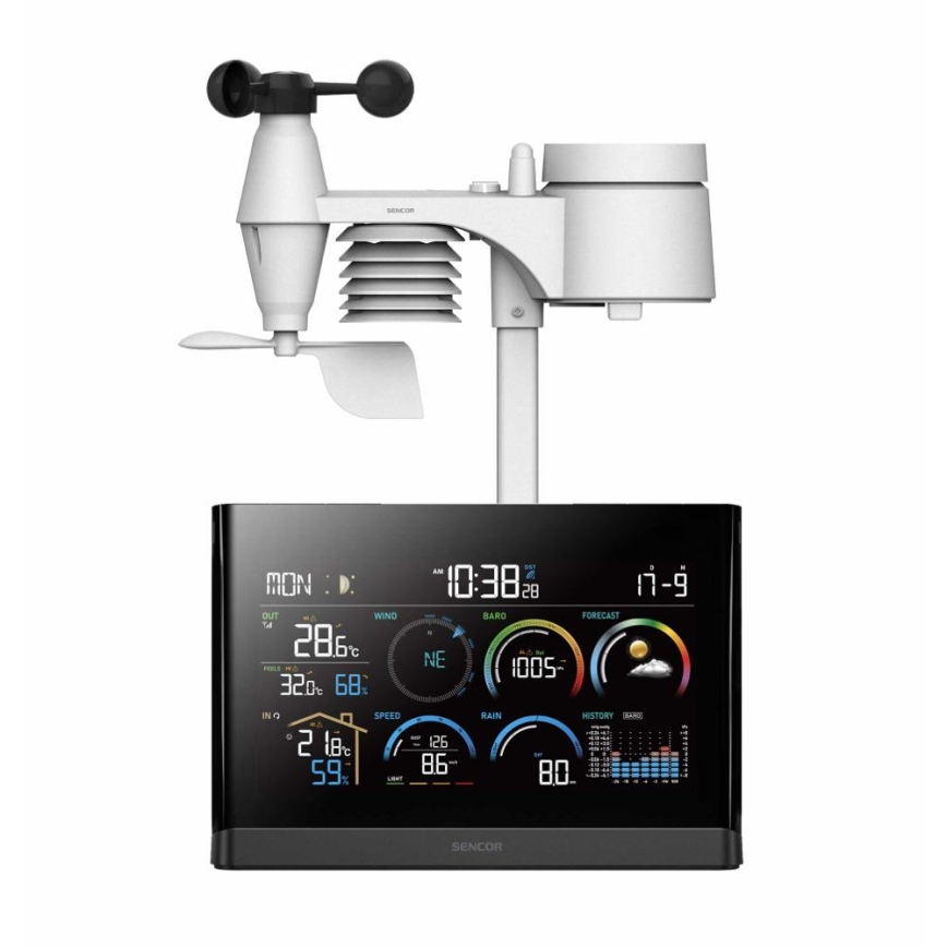 Sencor - Profesionāla meteoroloģiskā stacija ar krāsainu LCD ekrānu un modinātāja pulkstenis 5V/3xAAA + 3xAA