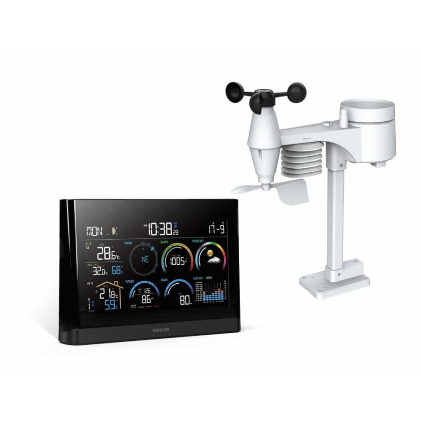 Sencor - Profesionāla meteoroloģiskā stacija ar krāsainu LCD ekrānu un modinātāja pulkstenis 5V/3xAAA + 3xAA
