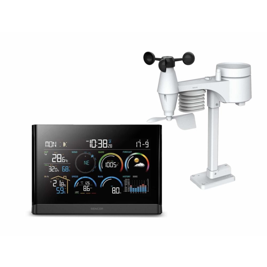 Sencor - Profesionāla meteoroloģiskā stacija ar krāsainu LCD ekrānu un modinātāja pulkstenis 5V/3xAAA + 3xAA