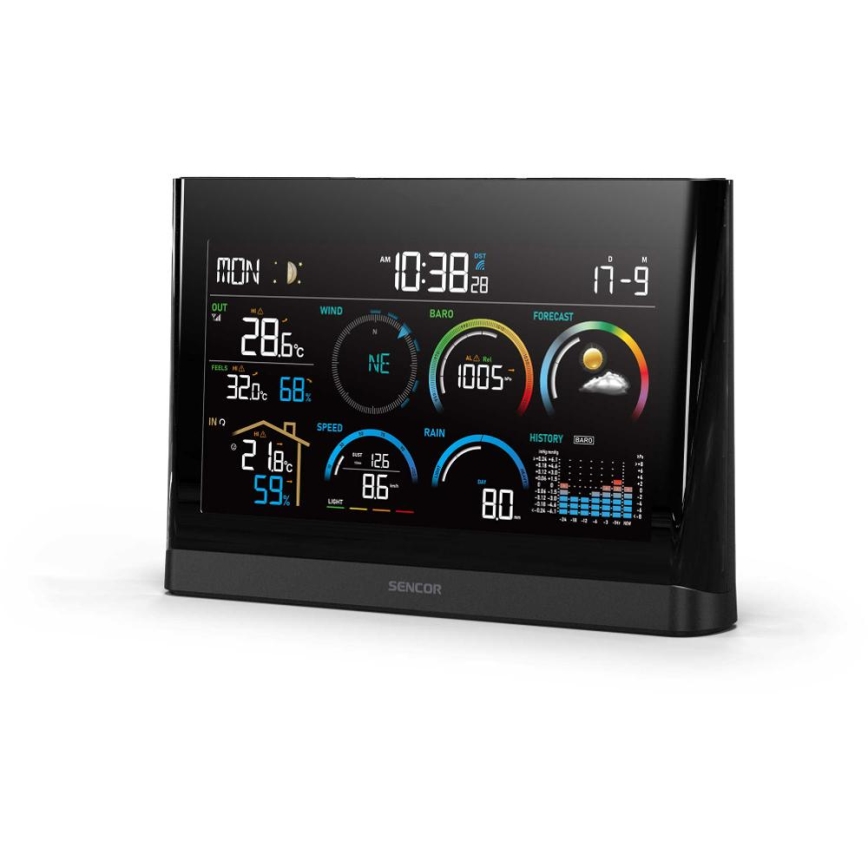 Sencor - Profesionāla meteoroloģiskā stacija ar krāsainu LCD ekrānu un modinātāja pulkstenis 5V/3xAAA + 3xAA